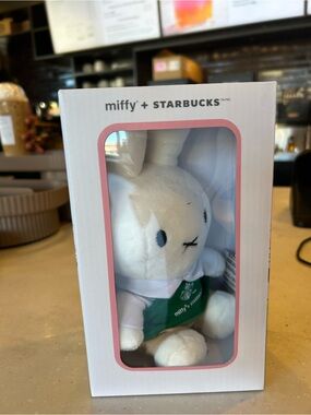 Starbucks White Miffy Bunny Plush with Green Apron and Pink Trim